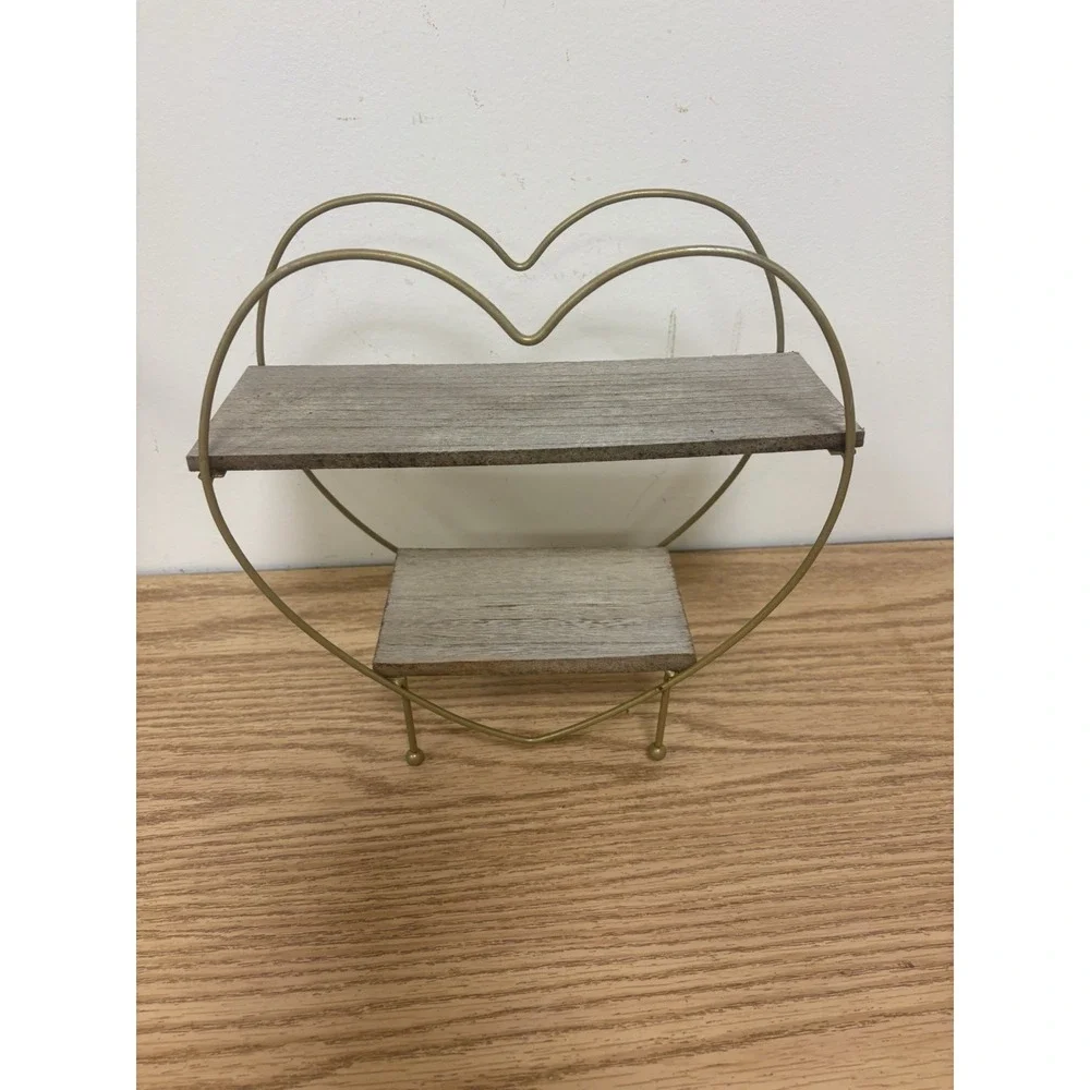 Valentines Wood and gold metal heart two tier tray shelf stand